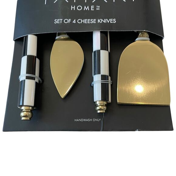 Tahari Home Set of 4 Cheese Knives Black & White Checkered Gold Glam New - Picture 3 of 8